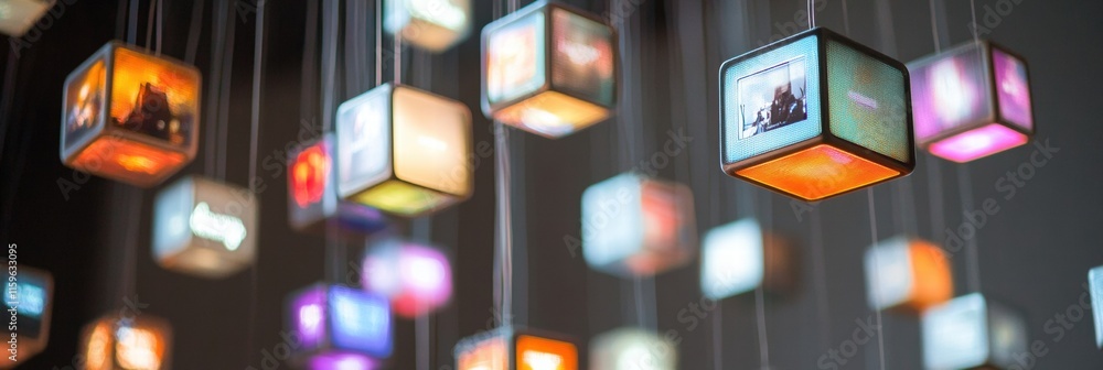 Leinwandbilder Floating cubes featuring abstract text and imagery create a captivating atmosphere in modern art space. Generative AI