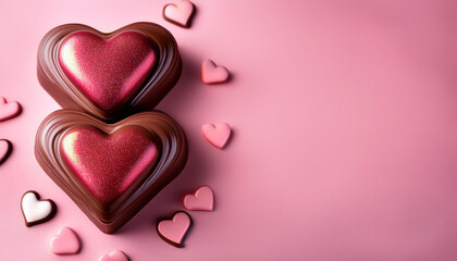 Fototapeta premium Chocolate hearts candies on pink, copy space. Valentines Day love celebration, sweet gift, food