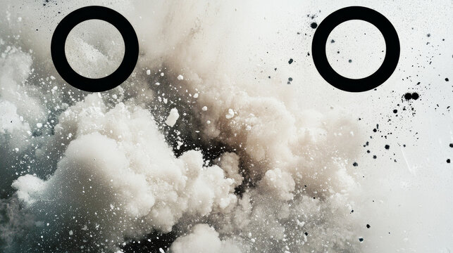 White powder explosions with black round banners. Vector realistic set of exploding clouds of white dust, snow burst with flying ice particles and snowflakes isolated on transparent background
