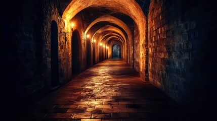 Dark, mysterious stone corridor lit by torches.