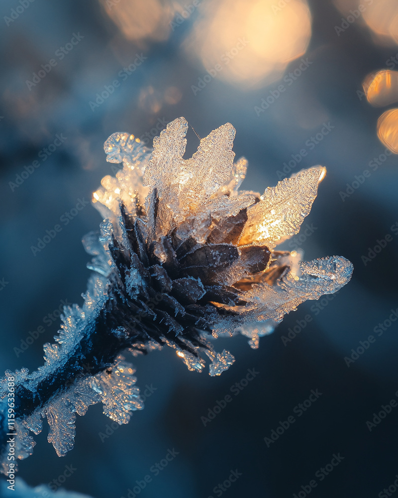 Poster frozen pine cone illuminated by warm sunlight in a wintery forest setting