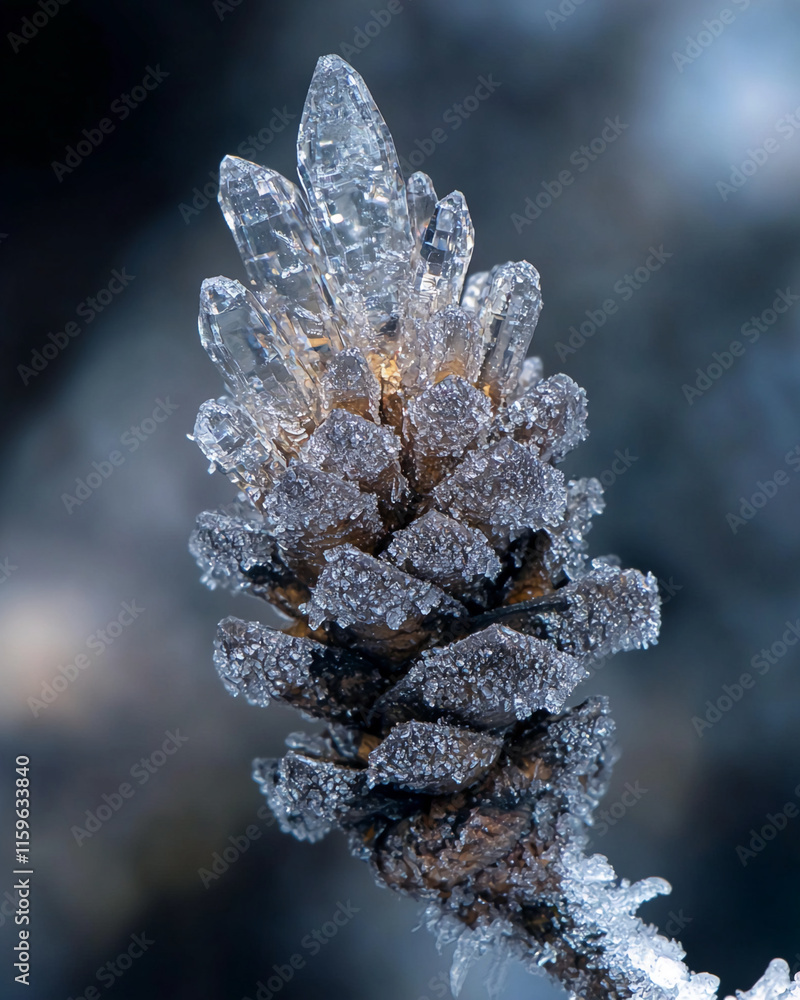 Aufkleber Crystalized pine cone covered in intricate frost patterns, captured in a winter closeup with a soft bokeh background