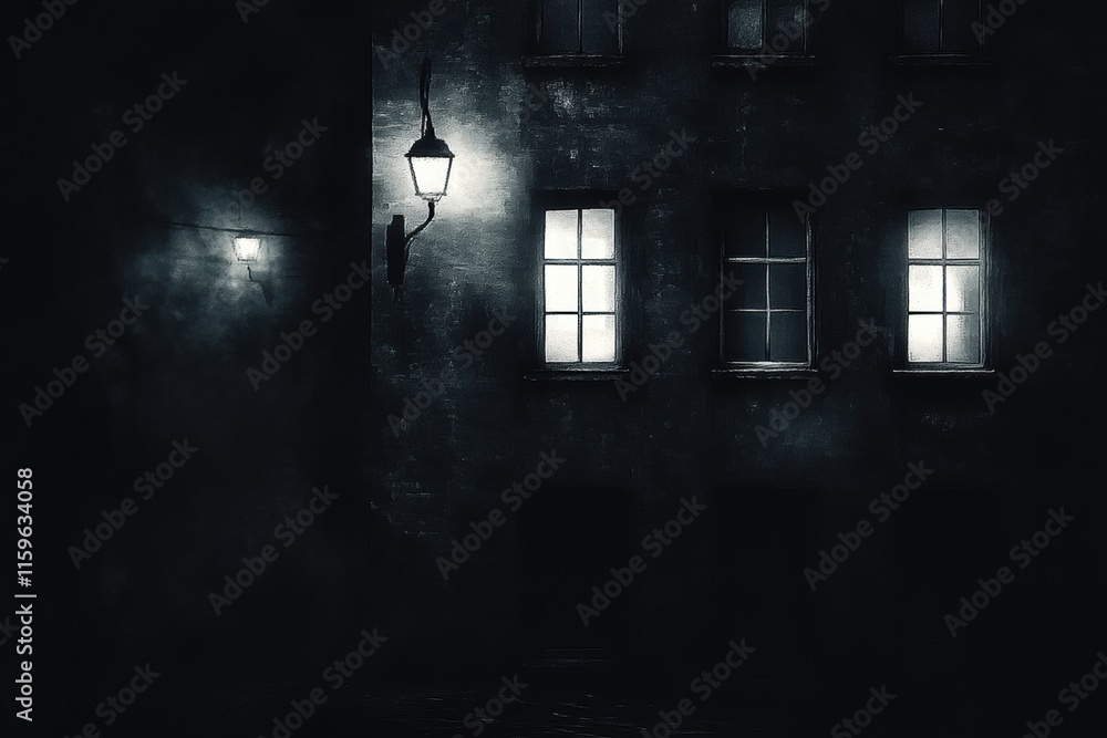 Aufkleber mysterious dark cityscape illuminated by sparse glowing windows and street lamps at night. generativ