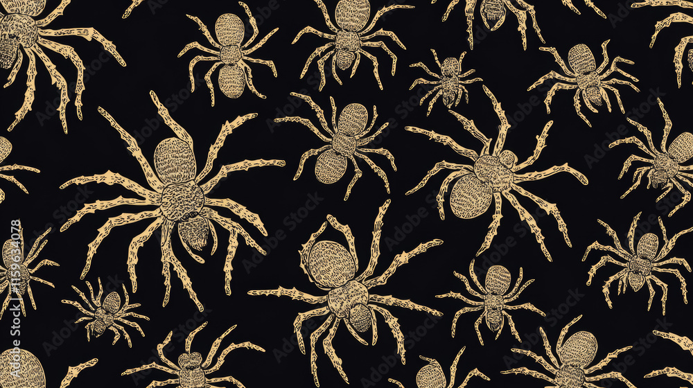 Poster vector seamless pattern with beige spiders on a black background. spiders are arranged in the shape 