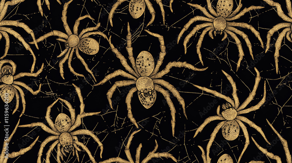 Poster vector seamless pattern with beige spiders on a black background. spiders are arranged in the shape 