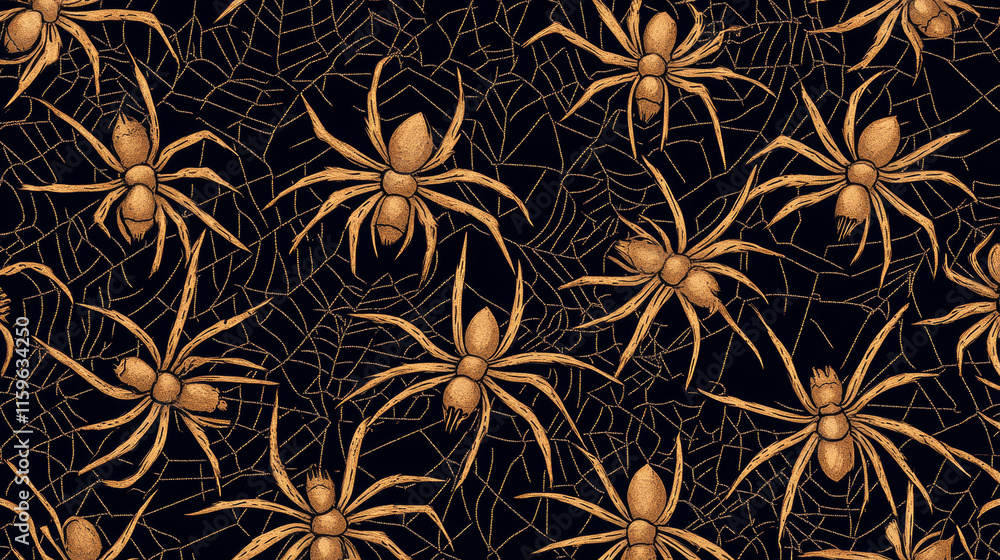 Poster vector seamless pattern with beige spiders on a black background. spiders are arranged in the shape 