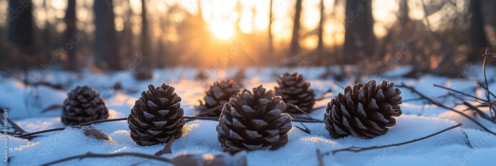 Poster Winter pinecones resting on snow with sunlight filtering through a forest background