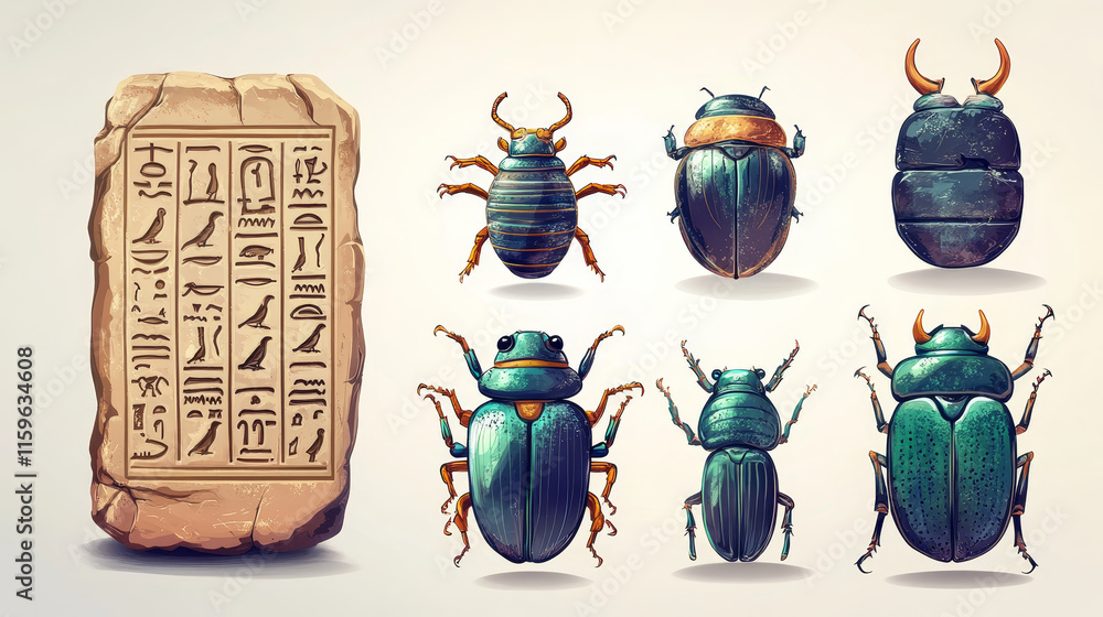Aufkleber stone board or clay tablet with scarab beetle and egyptian hieroglyphs cartoon vector illustration a