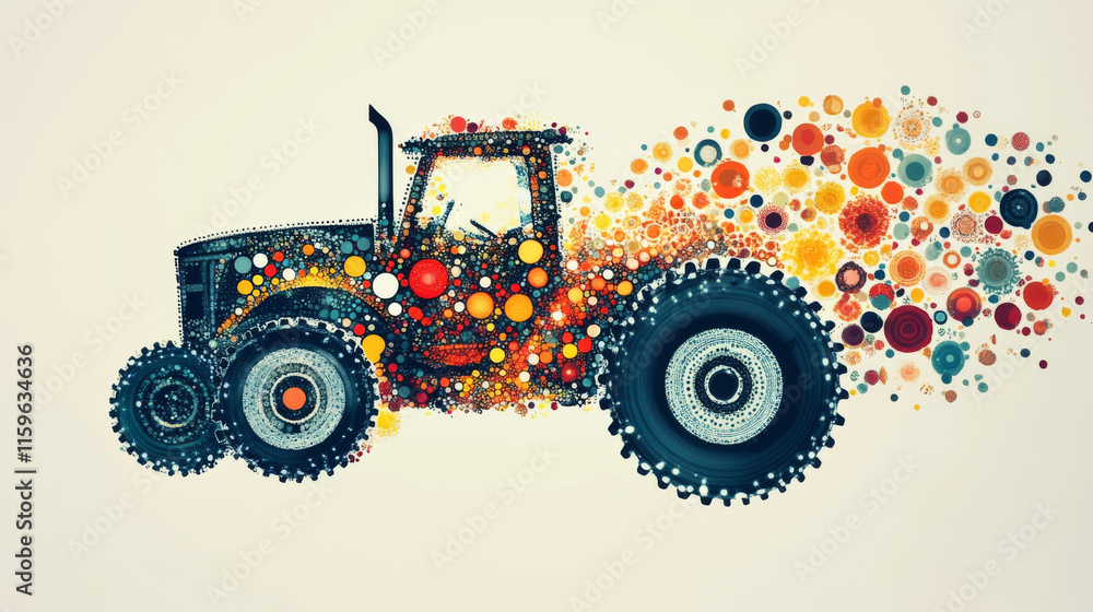 Poster tractor of the particles. the tractor consists of dots and circles. vector illustration