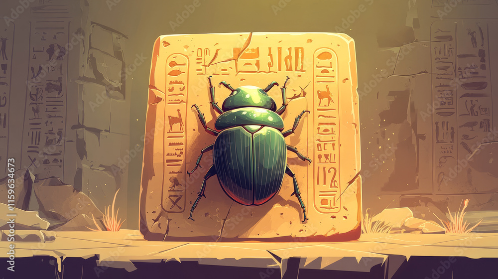 Aufkleber stone board or clay tablet with scarab beetle and egyptian hieroglyphs cartoon vector illustration a