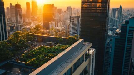 Fototapeta premium Urban Rooftop Gardens at Golden Hour