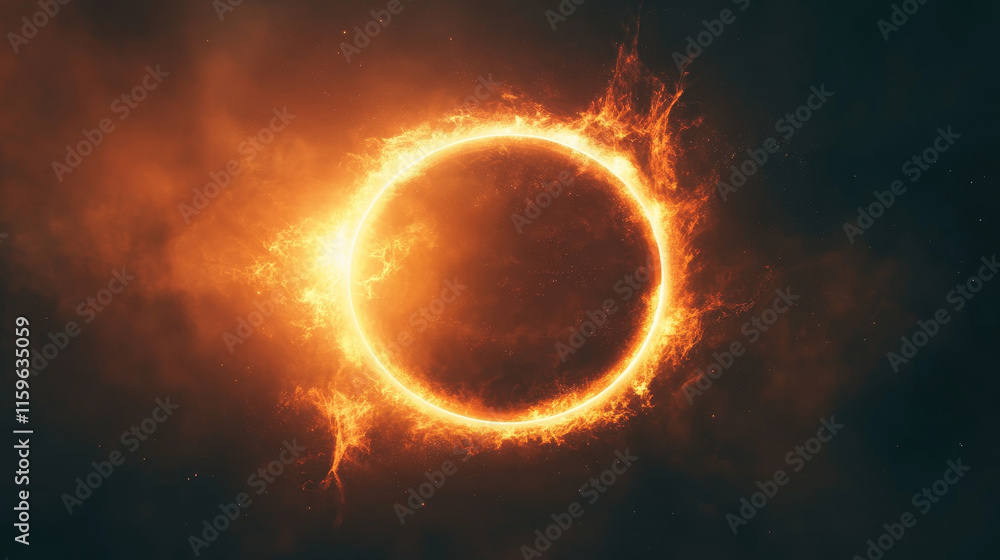 Poster solar planet eclipse light and sunrise flare ring effect. abstract earth or moon edge circle set iso
