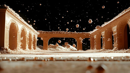 Surreal architectural landscape with falling spheres.