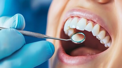 Dentist office with sharp, bright lighting focused on the teeth, close-up of dentist hands cleaning teeth with advanced tools, white enamel reflecting soft light, background with soft blues