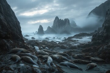 Steller sea lions interacting on rocky beach at low tide