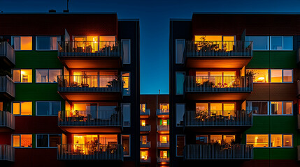 Two illuminated apartment buildings at night, symmetrical view showing warm interior lights in windows and balconies.