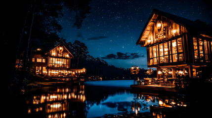 Two illuminated lakeside cabins at night, reflecting in calm water under a starry sky.