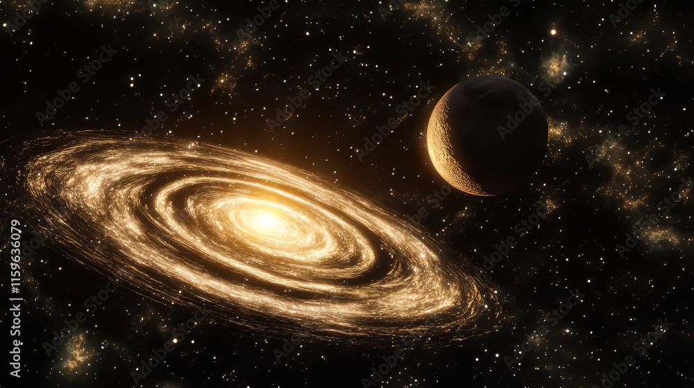 Aufkleber alien planet in space, galaxy comet with glowing surface, abstract globe with spiral in far universe