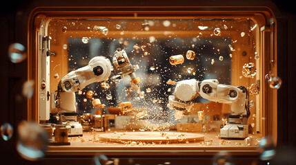 Fototapeta premium Two robotic arms work on a wooden material, creating sawdust and small wood pieces inside a glass enclosure.