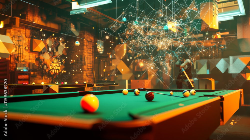 Poster a billiard hologram. a billiard table of polygons, triangles of points and lines. a billiard player 