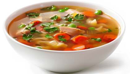 Chicken noodle soup with vegetables in a white bowl