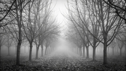 Monochrome foggy tree path misty forest black and white photography serene environment low angle view nature concept