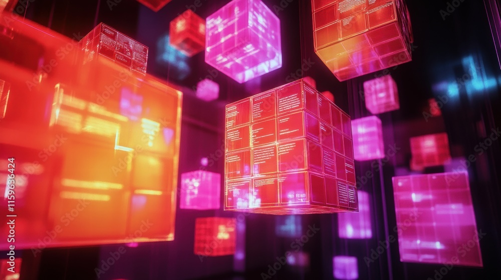 Poster floating cubes display abstract symbols representing digital media and technology in vibrant colors.