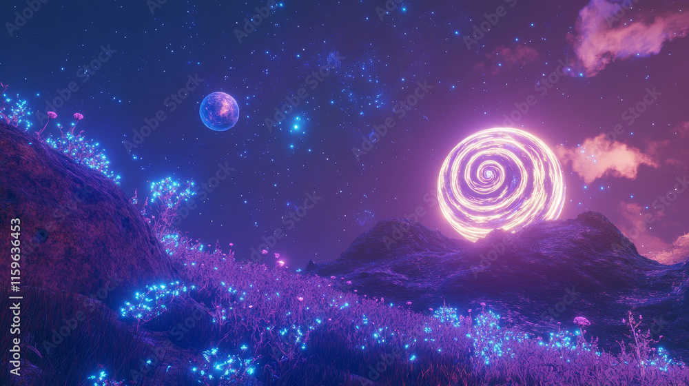 Aufkleber alien planet in space, galaxy comet with glowing surface, abstract globe with spiral in far universe