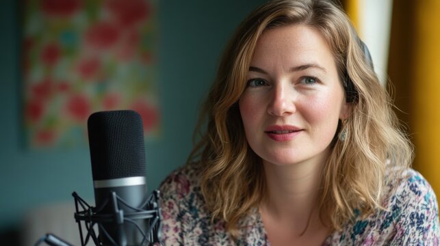 Podcast Woman Recording Audio Microphone Studio Female Blogger