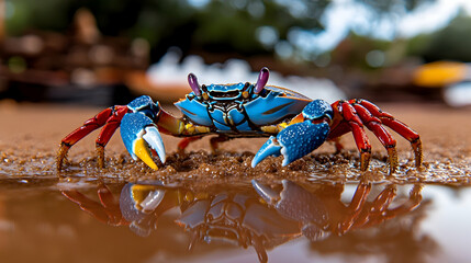 Fototapeta premium Vibrant blue and red crab on sandy beach, reflecting in puddle.