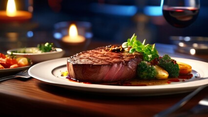 Elegant dish of perfectly seared steak with colorful accompaniments, garnished with fresh herbs, ideal for showcasing fine dining experiences in food blogs, advertisements, or social media posts.