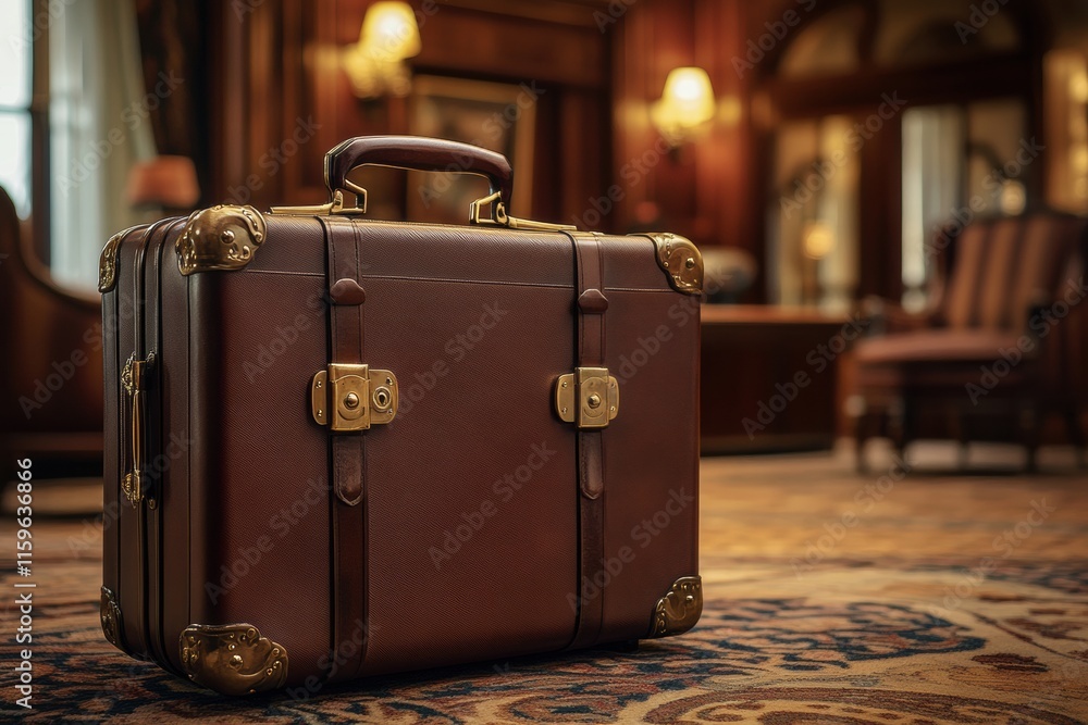 Poster Luxurious leather suitcase with golden hardware in an elegant hotel lobby setting during the evening hours. Generative AI