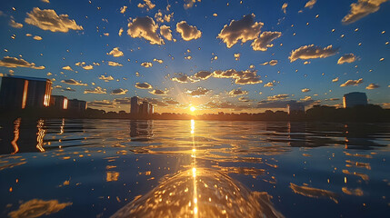 Vibrant sunset over calm lake with city skyline reflection. - obrazy, fototapety, plakaty