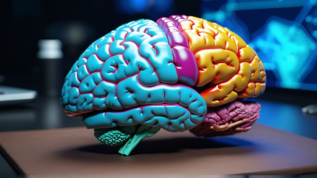 colored brain close-up lying on table