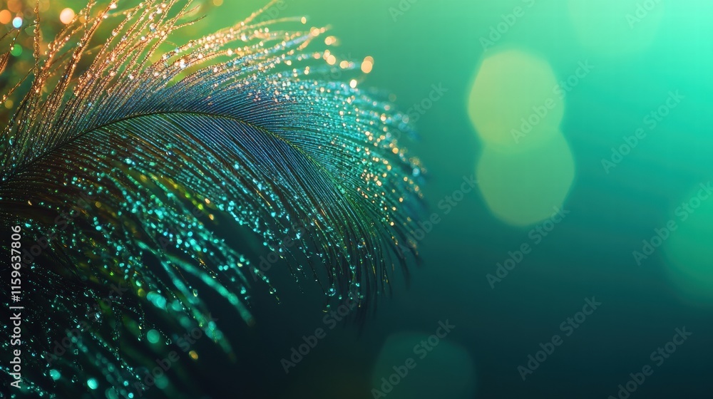 Poster close up view of a peacock feather with dew drops creating a vibrant and colorful effect for mock up