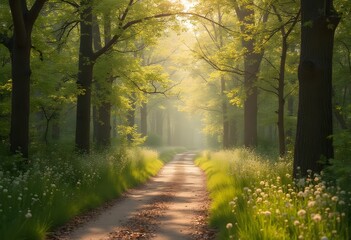Obraz premium Dreamy forest path in morning sunlight. Misty summer trail with green trees and wild flowers. Nature walkway through enchanted woods. Peaceful outdoor scene for travel and hiking