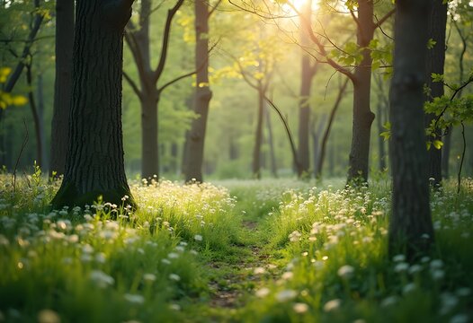 Beautiful morning forest path with white wildflowers at sunrise. Green trees in misty spring woods. Natural sunlight through leaves. Nature landscape for background with copy space