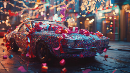 The car is covered by a cloth. Bow and ribbons on cars. 3D.