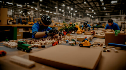 Workers assemble wooden toys in a factory.