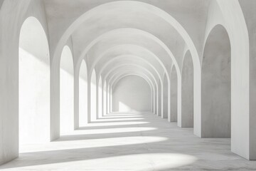 Contemporary Exhibition Space: 3D Rendered White Concrete Gallery Interior with Mock-Up Banner and Arches