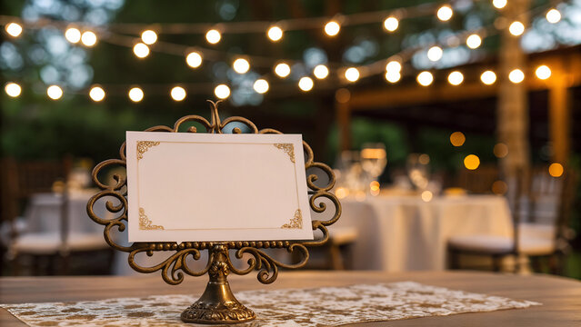 Placecard with blank space for text on whimsical holder and fairy lights background, wedding place card mockup
