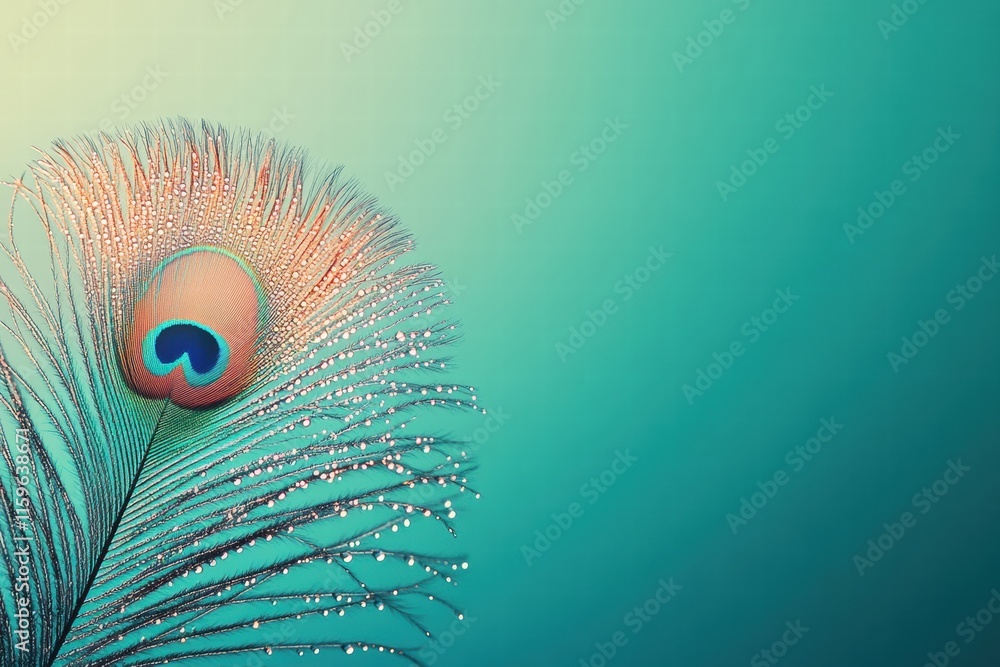 Aufkleber close up view of a peacock feather adorned with dew drops showcasing vibrant colors and intricate de