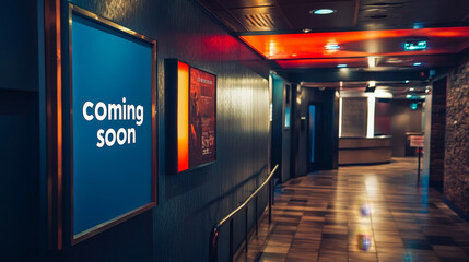 Empty isolated cinema poster panel on the wall of theater walkway, white blank mockup movie frame with coming soon text for insert design