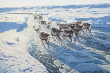 Dynamic caribou migration on frozen river under bright sky
