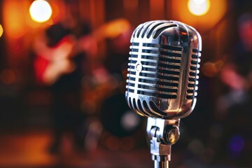 Retro microphone on stage in vintage music venue with blurred background