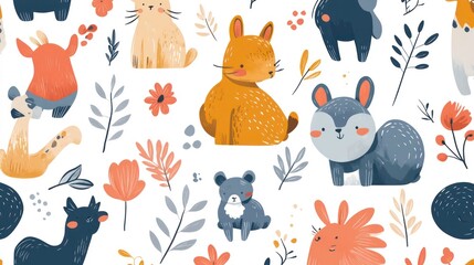 Seamless pattern with cute cartoon animals and flowers.