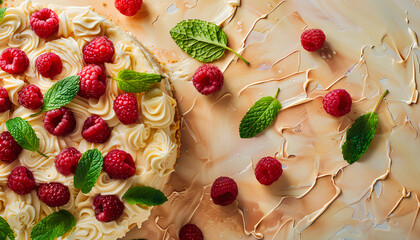 Homemade cheesecake with fresh raspberries and mint for dessert - healthy natural summer dessert pie. Vanilla cheesecake
