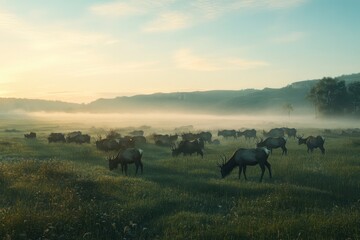 Tranquil dawn scene captures elk grazing in misty meadow