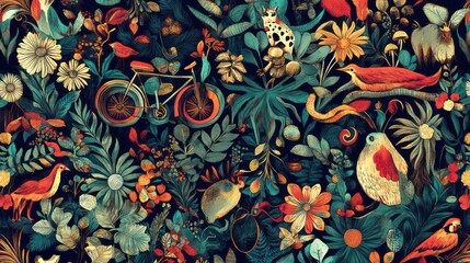 Vibrant floral pattern with bicycle, birds, and animals.
