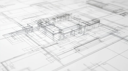 Fototapeta premium Wireframe blueprint drawing of 3D building. Vector architectural template background.